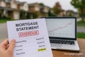 “A person holding an overdue mortgage statement in the foreground, with a laptop displaying a rising arrears trend graph and a blurred Canadian suburban neighborhood in the background, Mortgage.Expert watermark visible.”