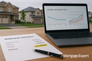 “Mortgage statement on desk with charts showing rising Canadian debt and regional mortgage stress, with blurred Ontario and Alberta neighbourhoods in background.”