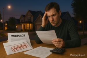 Concerned Canadian homeowner reviewing overdue mortgage documents with a calculator on a wooden desk at dusk, with a suburban neighborhood visible through the window.