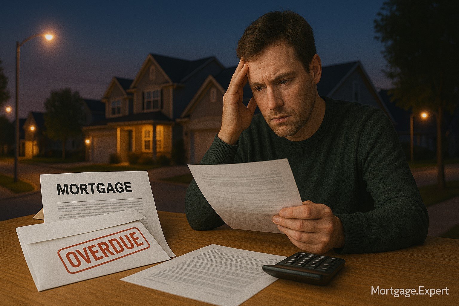 Concerned Canadian homeowner reviewing overdue mortgage documents with a calculator on a wooden desk at dusk, with a suburban neighborhood visible through the window.
