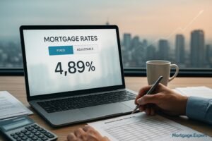“A borrower reviews a 4.89% fixed mortgage rate on a laptop while examining amortization documents at a desk overlooking the Toronto skyline, with a subtle upward-trending graph in the background and a Mortgage.Expert watermark.”