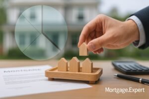 “Fractional mortgage investing concept with mini house blocks and pie-chart segments — Mortgage.Expert featured image.”