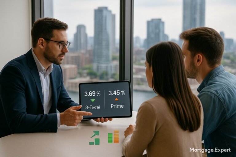 Mortgage advisor reviews Canada’s 3-year fixed, 5-year variable, and prime-rate offers with clients on Nov 11 2025.