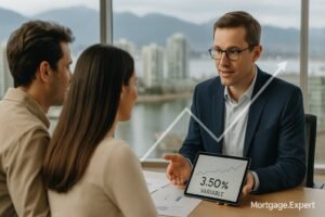 Mortgage advisor comparing Canada’s 5-year fixed and variable high-ratio mortgage rates on screen, November 2025.