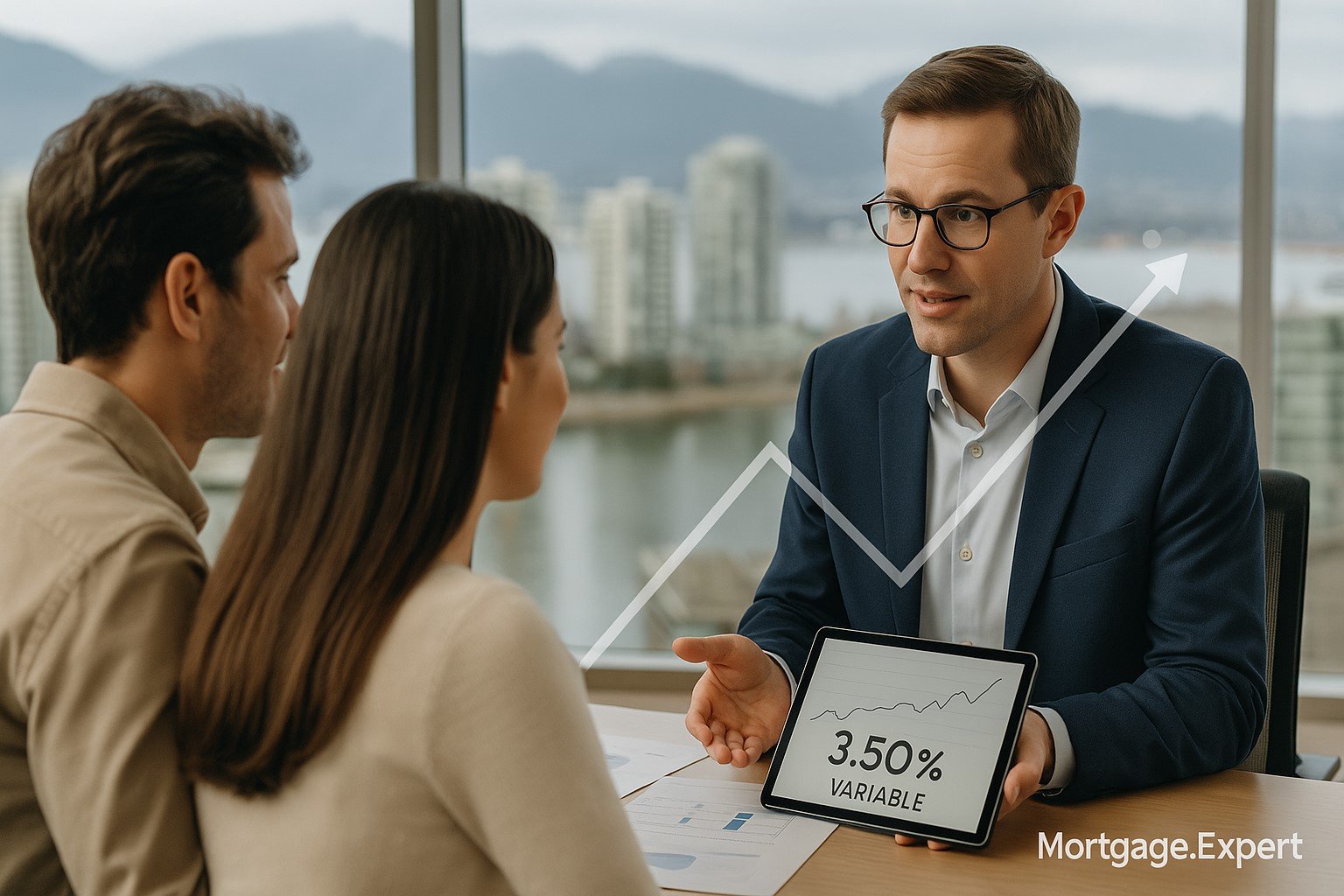 “Mortgage advisor reviewing BC housing rates as fixed and variable mortgage rates ease in November 2025.”