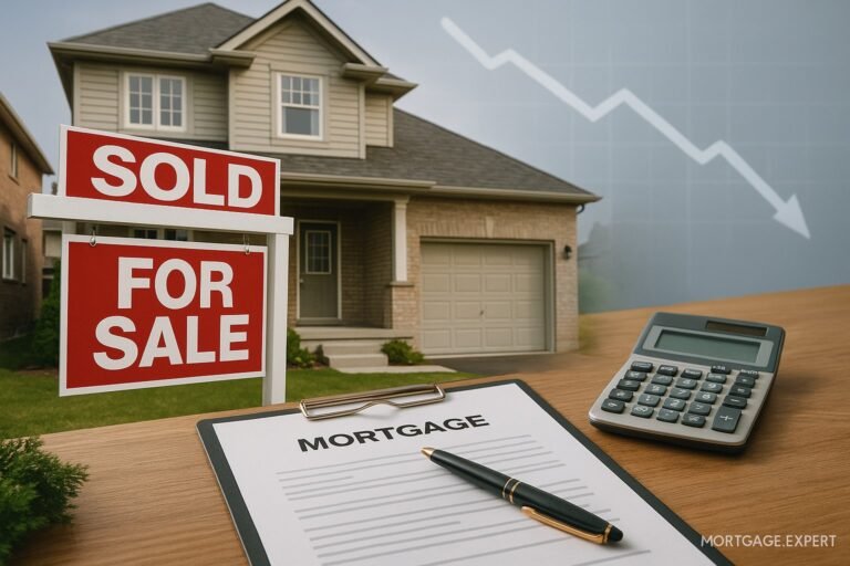Canadian suburban house with a “For Sale” and “Sold” sign in the yard, mortgage paperwork and calculator on a wooden table, and a faint downward arrow chart in the background symbolizing a recent rate cut — Mortgage.Expert watermark bottom-right.