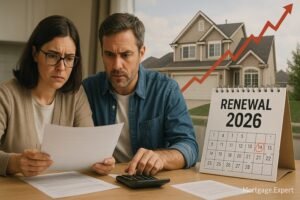 Canadian couple reviewing mortgage renewal papers at their kitchen table with a calendar marked “Renewal 2026” and a suburban home in the background showing a rising line chart, symbolizing payment pressure.