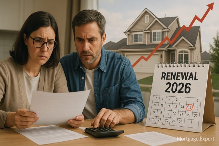 Canadian couple reviewing mortgage renewal papers at their kitchen table with a calendar marked “Renewal 2026” and a suburban home in the background showing a rising line chart, symbolizing payment pressure.