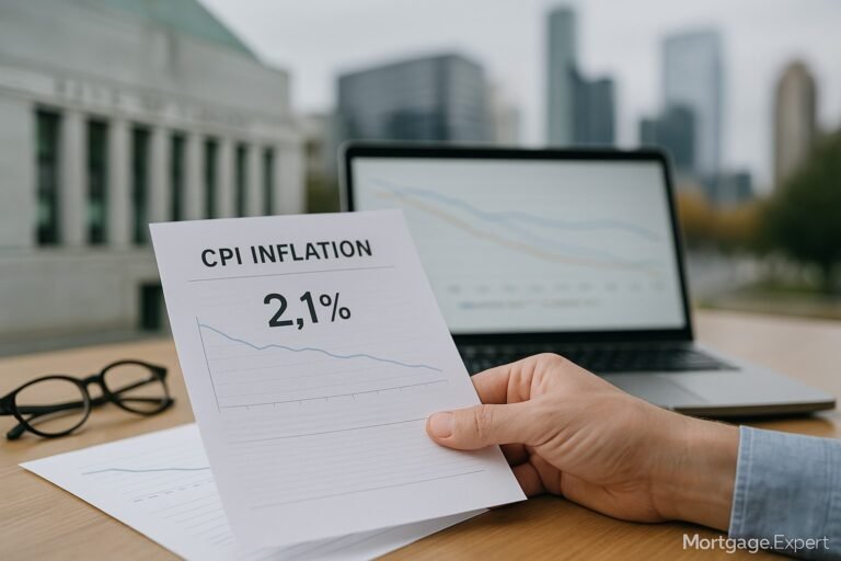 “A close-up of a person holding a printed CPI inflation report showing 2.1%, with glasses and a laptop displaying an inflation chart in the background, set against a blurred Bank of Canada building. Mortgage.Expert watermark bottom-right.”