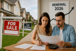 “Canadian homeowners reviewing mortgage renewal documents as payment costs rise; Mortgage.Expert watermark.”