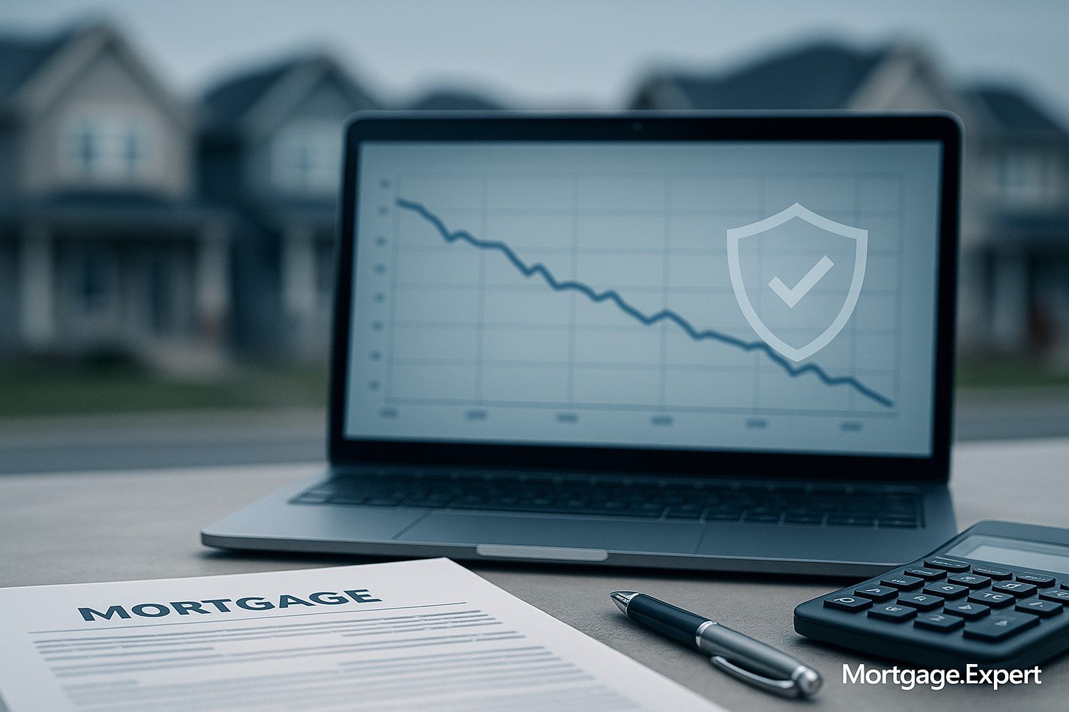 “Canadian mortgage document, calculator, and pen on a desk with a laptop showing a declining delinquency trend line and a stability shield icon, with suburban homes blurred in the background — Mortgage.Expert.”