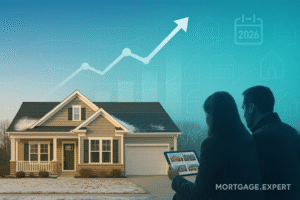 “Canadian suburban home in winter with an upward-trending housing market graph in the sky, symbolizing Royal LePage’s 2026 home-price increase forecast, as a couple views property listings on a tablet.”