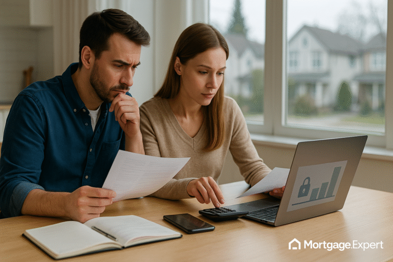 Canadian homeowners reviewing refinancing documents as higher mortgage rates limit access to home equity.