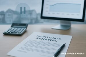 “Canadian mortgage renewal document on a desk with calculator and a pause-icon background, symbolizing Bank of Canada holding its rate at 2.25% — Mortgage.Expert.”