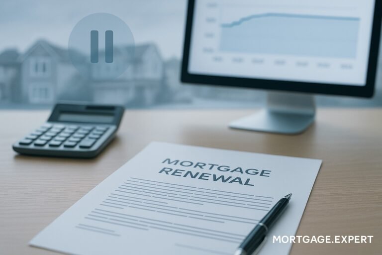 “Canadian mortgage renewal document on a desk with calculator and a pause-icon background, symbolizing Bank of Canada holding its rate at 2.25% — Mortgage.Expert.”