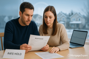 “Canadian couple reviewing a mortgage statement at a kitchen table with a ‘Rate Hold’ document and a laptop showing a flat trend chart, symbolizing stable interest rates.”