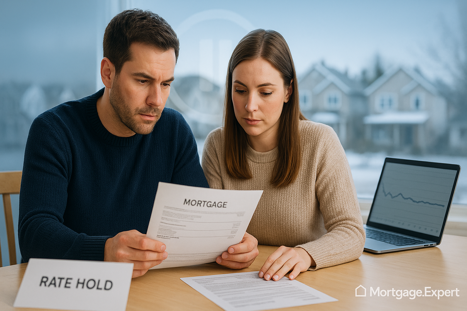 “Canadian couple reviewing a mortgage statement at a kitchen table with a ‘Rate Hold’ document and a laptop showing a flat trend chart, symbolizing stable interest rates.”