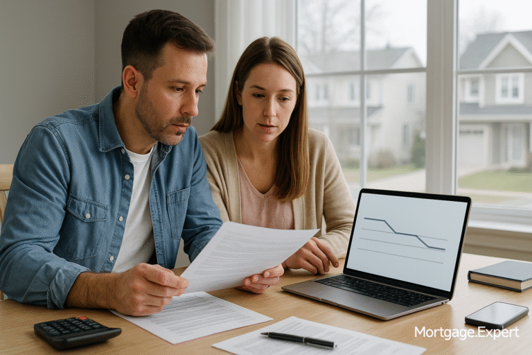 Canadian homeowners reviewing mortgage documents as Bank of Canada holds interest rates steady.