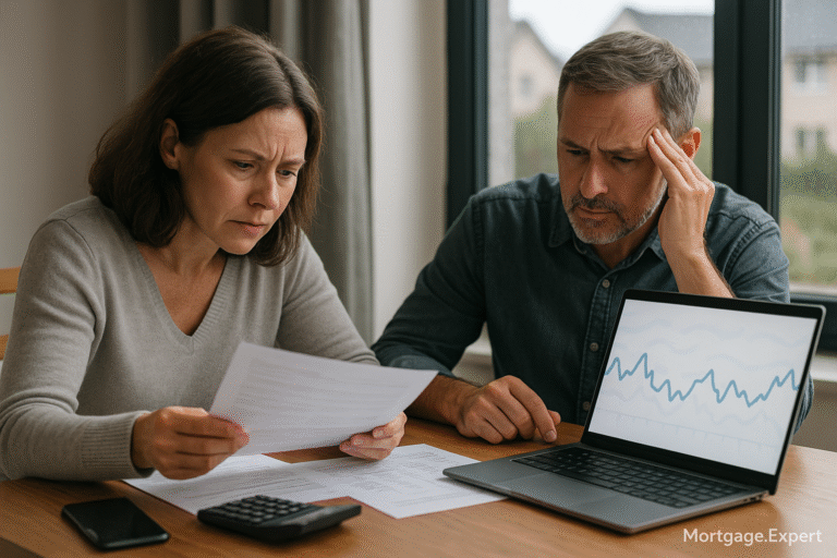 Canadian homeowners reviewing mortgage documents as bond market swings cause fixed mortgage rate volatility.