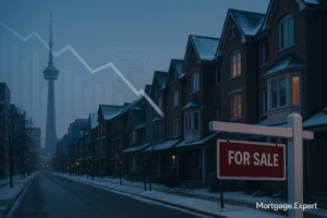 “Toronto residential street in winter with a ‘For Sale’ sign and a downward-trending housing market graph overlay, symbolizing TRREB’s reported 15.8% drop in November home sales.”