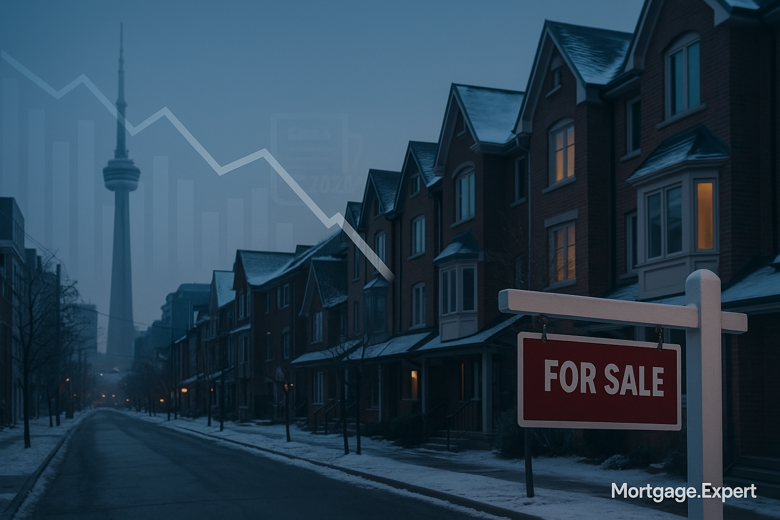 “Toronto residential street in winter with a ‘For Sale’ sign and a downward-trending housing market graph overlay, symbolizing TRREB’s reported 15.8% drop in November home sales.”