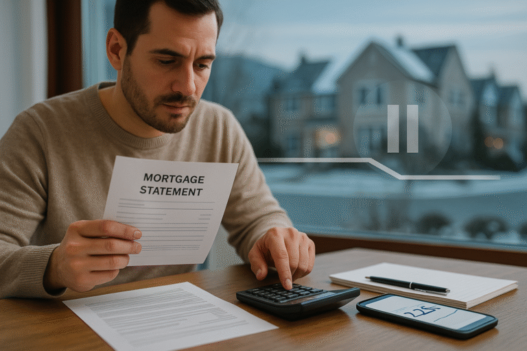 A man reviewing a mortgage statement at a table while using a calculator, with a flat rate chart and suburban homes in the background, symbolizing the Bank of Canada holding rates.
