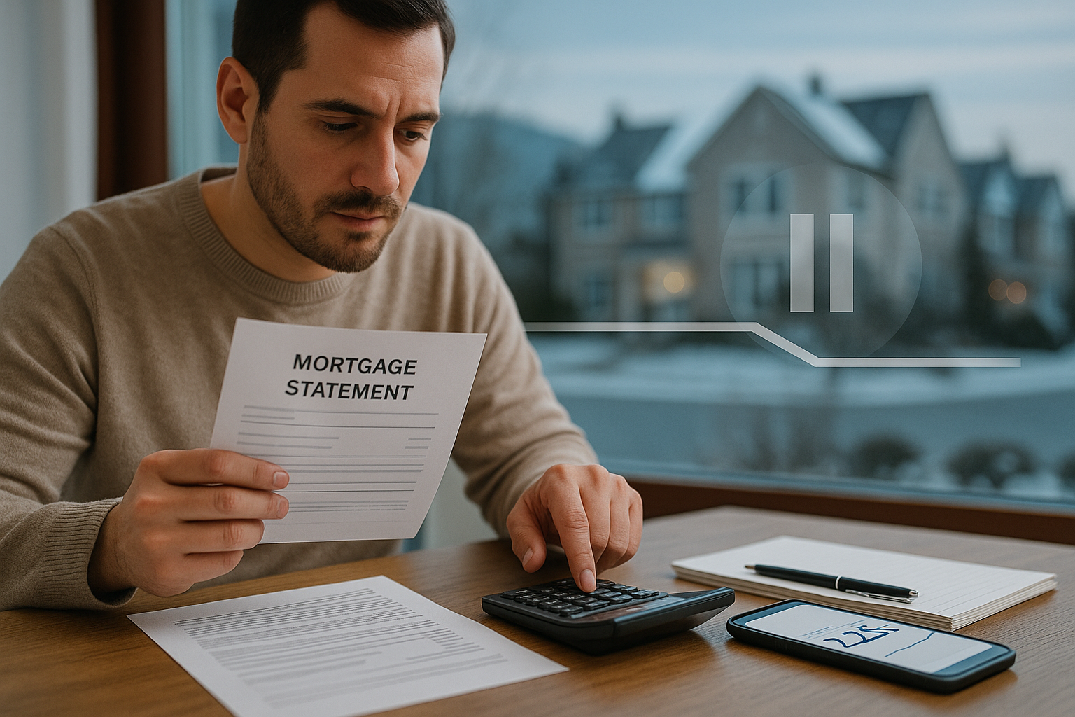 A man reviewing a mortgage statement at a table while using a calculator, with a flat rate chart and suburban homes in the background, symbolizing the Bank of Canada holding rates.