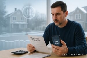 A Canadian homeowner reviewing a mortgage statement at a kitchen table while holding a smartphone displaying a “Rate Hold” screen, with a calculator nearby and suburban homes visible through a winter window — Mortgage.Expert.