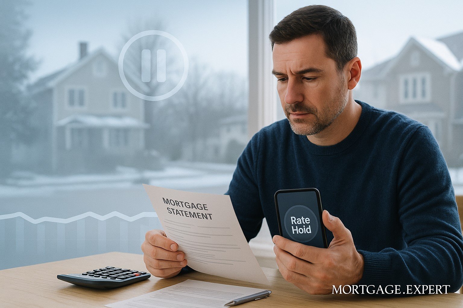 A Canadian homeowner reviewing a mortgage statement at a kitchen table while holding a smartphone displaying a “Rate Hold” screen, with a calculator nearby and suburban homes visible through a winter window — Mortgage.Expert.