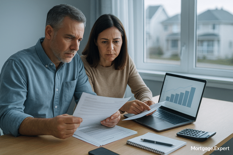 Canadian homeowners reviewing mortgage renewal documents as higher payments approach in 2026.