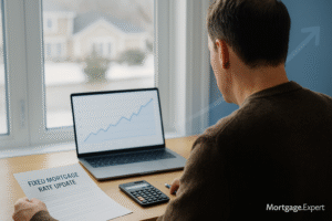 “Canadian homeowner reviewing a ‘Fixed Mortgage Rate Update’ document while looking at a rising line graph on a laptop, symbolizing increasing fixed mortgage rates.”