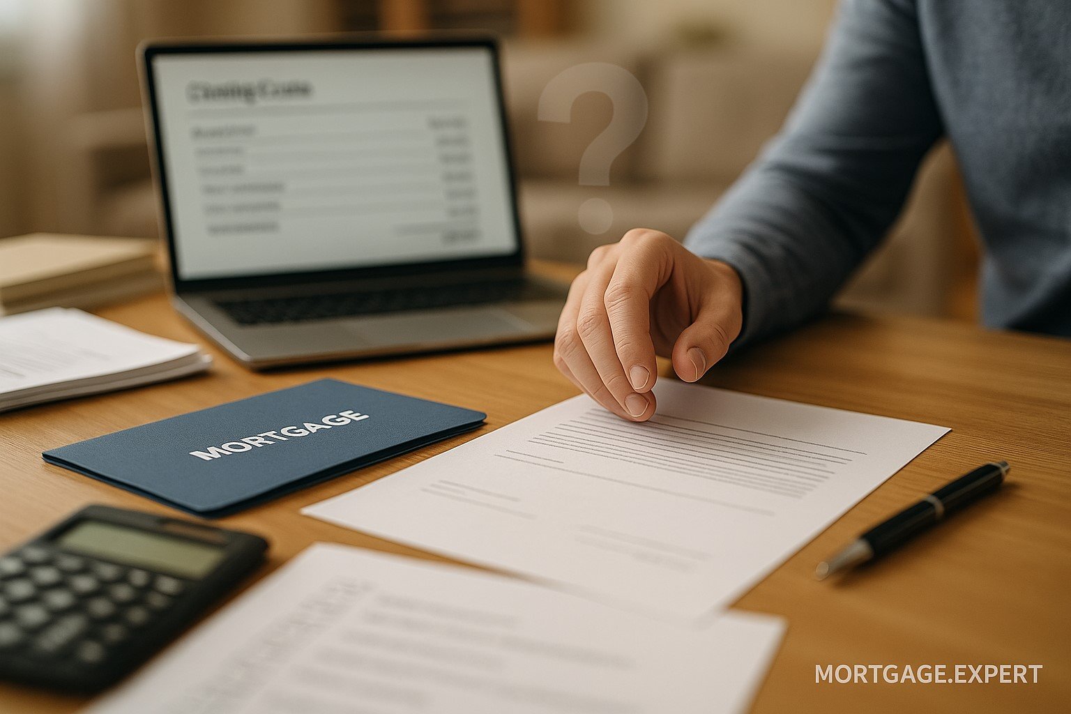 “Canadian first-time homebuyer hesitating over a mortgage closing document with calculator, laptop showing closing costs, and a subtle confusion icon in the background — Mortgage.Expert featured image.”